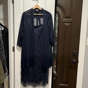 Shimmery, lace, navy, midi cocktail dress